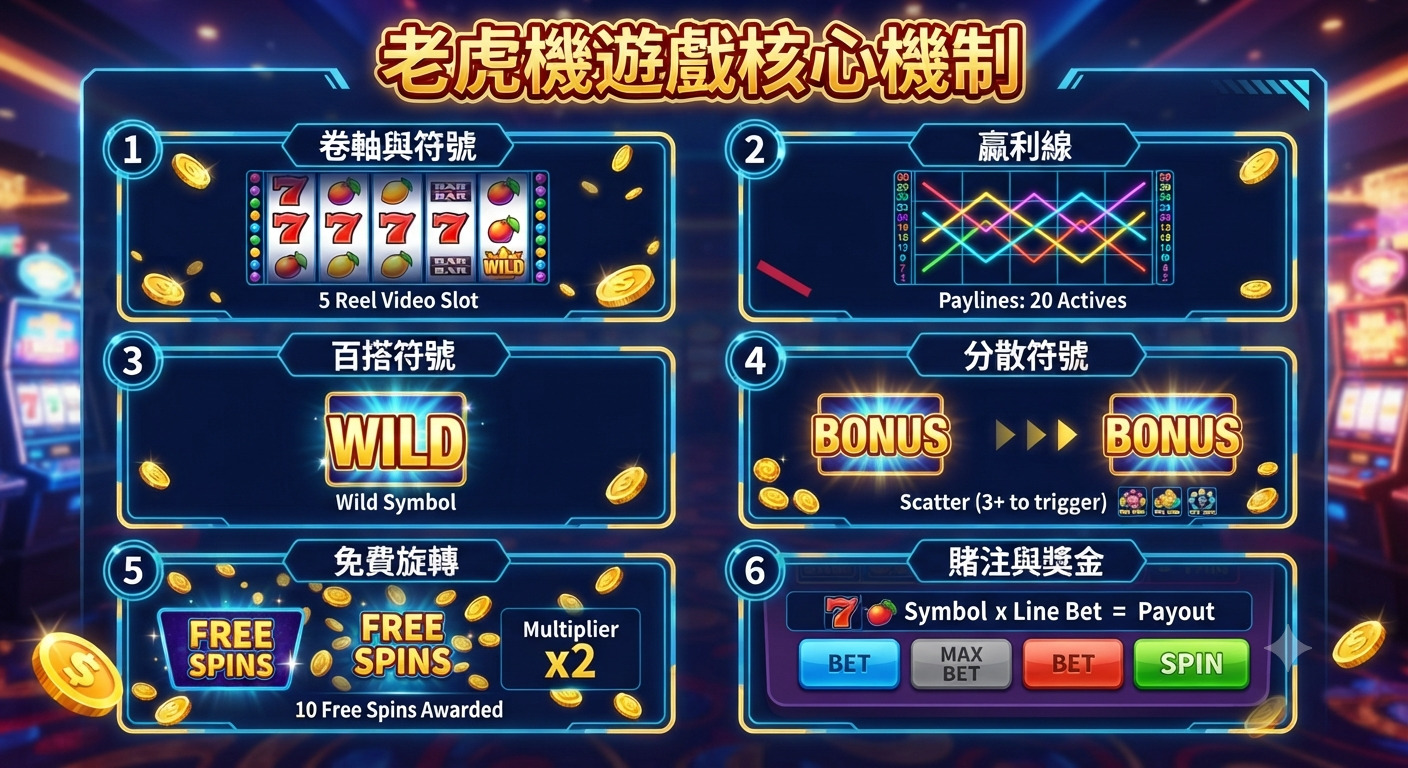 這是一張關於老虎機遊戲核心機制的圖表,以科技感風格呈現並詳細列出了遊戲的六大基本要素。 版面整潔地展示了卷軸、贏利線、百搭與分散符號、免費旋轉以及投注與獎金計算方式。