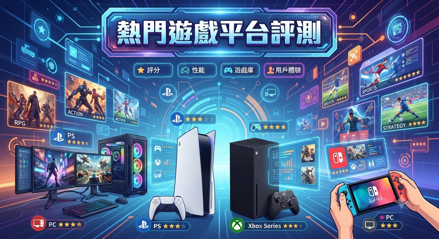 這張圖片以科技感十足的風格呈現,展示了多款熱門遊戲平台與其評測資訊。 畫面中整合了遊戲主機、電腦設備與互動介面,並以「熱門遊戲平台評測」為核心標題。