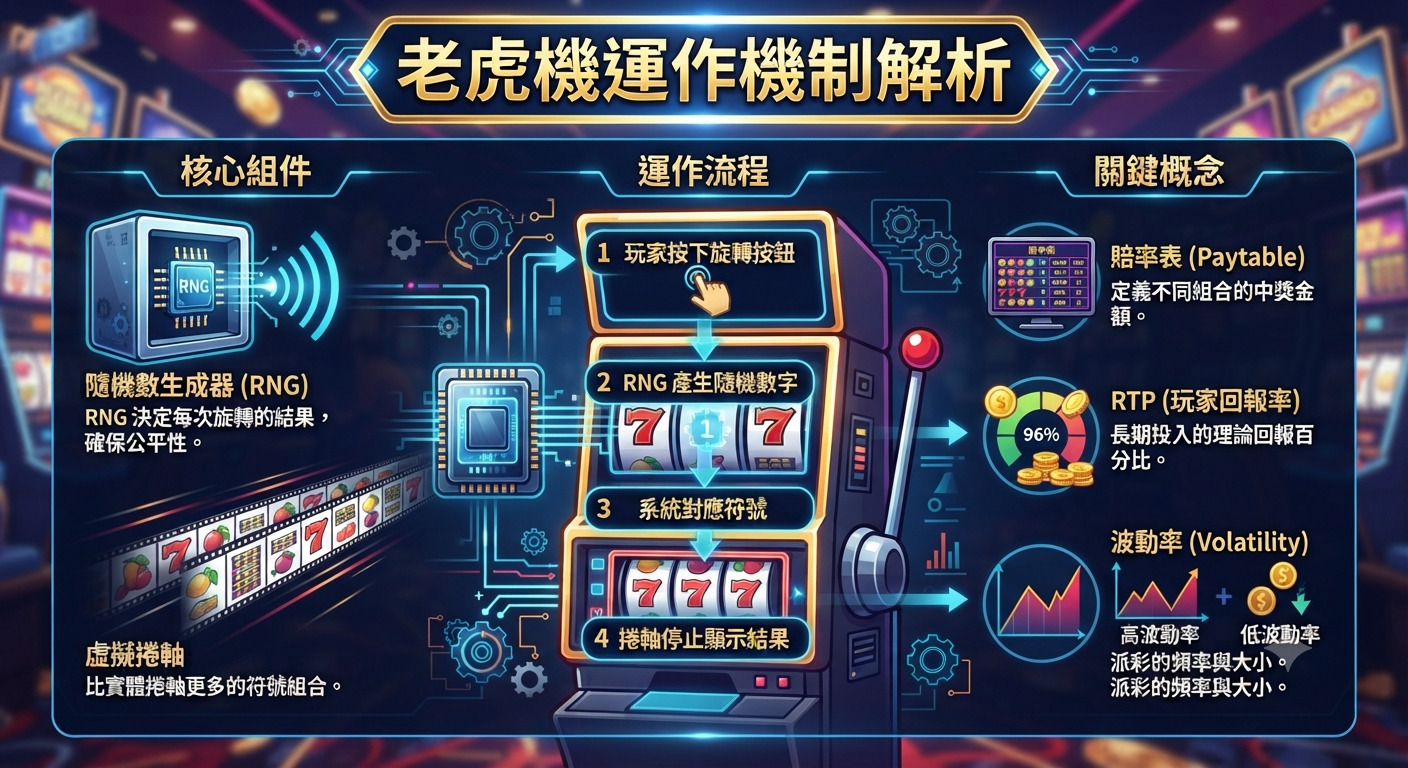 這是一張以「老虎機運作機制解析」為標題的技術圖解,展示了從 RNG 隨機數生成器到捲軸顯示結果的核心流程。 圖中並列說明了賠率表、RTP 回報率與波動率等關鍵概念,協助讀者快速理解老虎機的運作原理。