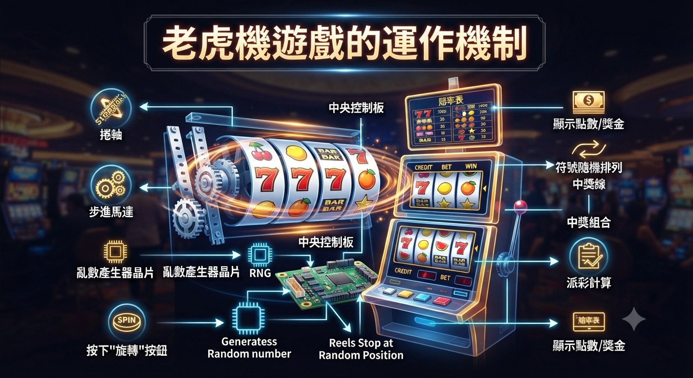 這張圖片詳細解構了老虎機的內部運作機制，並以清晰的圖示標註了從按下按鈕、亂數產生器運作到最終轉輪停止與獎金計算的過程。 整體的視覺風格採用科技感與資訊圖表設計，將複雜的機械原理與系統流程以直觀的方式呈現出來。
