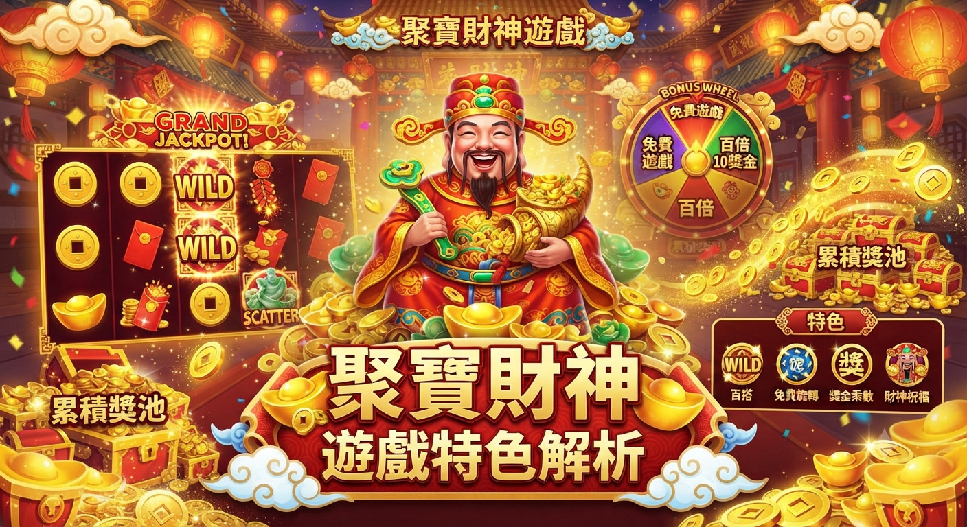 這張圖像展現了充滿喜慶色彩的「聚寶財神」遊戲主題，以金光閃閃的財神與滿溢的元寶營造出豐收與富貴的視覺氛圍。 圖像中心位置明確標示了「聚寶財神遊戲特色解析」的標題，結合了老虎機元素與中式吉祥設計，呈現出引人入勝的遊戲特色主題。