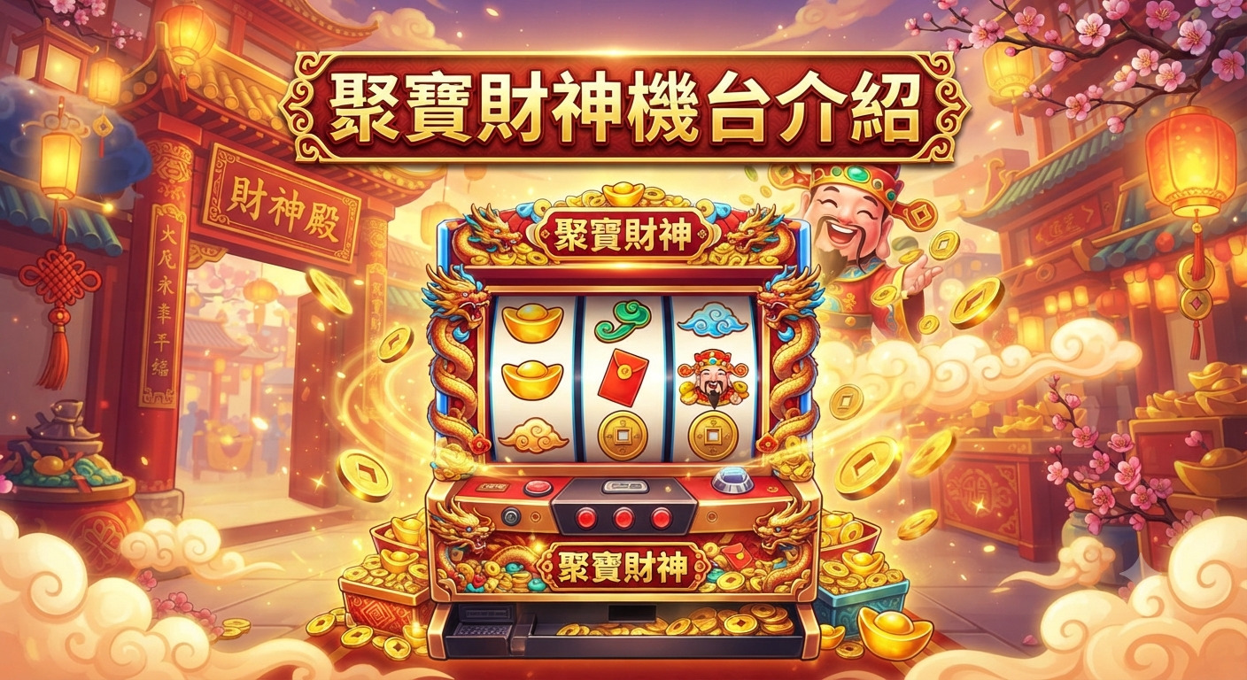 這是一張以「聚寶財神」為主題的遊戲機台介紹圖,充滿了喜氣洋洋的金色與紅色調。 畫面中心展示了一台精緻的拉霸機,周圍環繞著財神爺、金元寶與錢幣,營造出財運亨通的節慶氛圍。