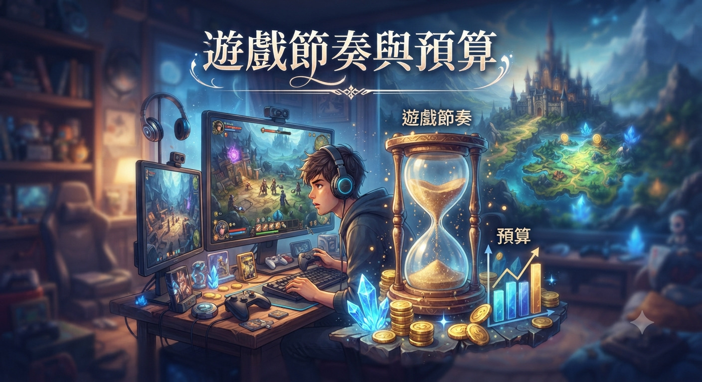這幅圖像描繪了一位玩家專注於遊戲,桌面巧妙地結合了象徵「遊戲節奏」的沙漏與代表「預算」的貨幣圖表。 整體風格將奇幻世界觀與現代遊戲場景融合,呈現出時間管理與資源配置的核心概念。