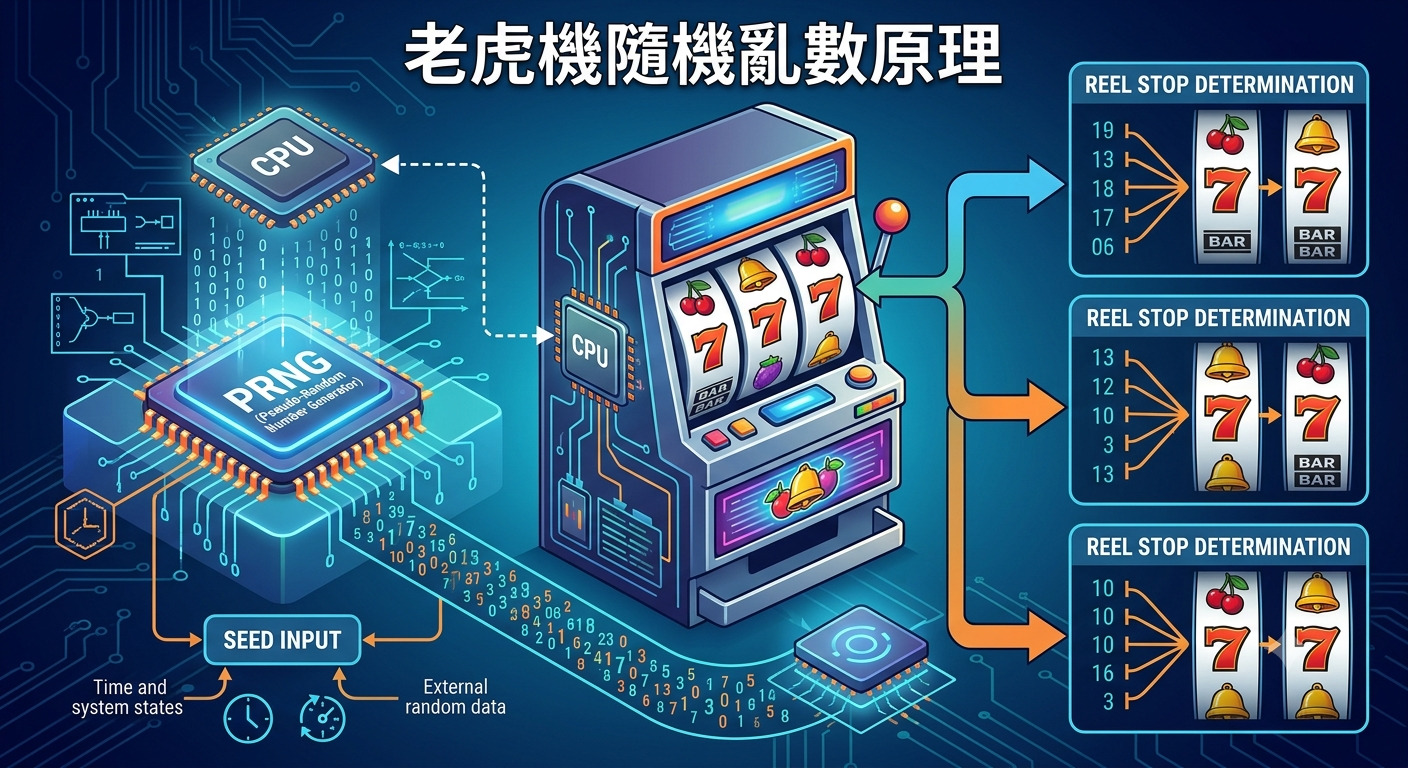 這張圖表展示了老虎機運作背後的偽隨機數生成器(PRNG)原理,說明 CPU 如何利用系統狀態與外部數據產生隨機數來決定捲軸的停放位置。 圖像以科技感十足的電路背景呈現,清晰地將抽象的算法邏輯與老虎機的機械運作直觀地結合在一起。