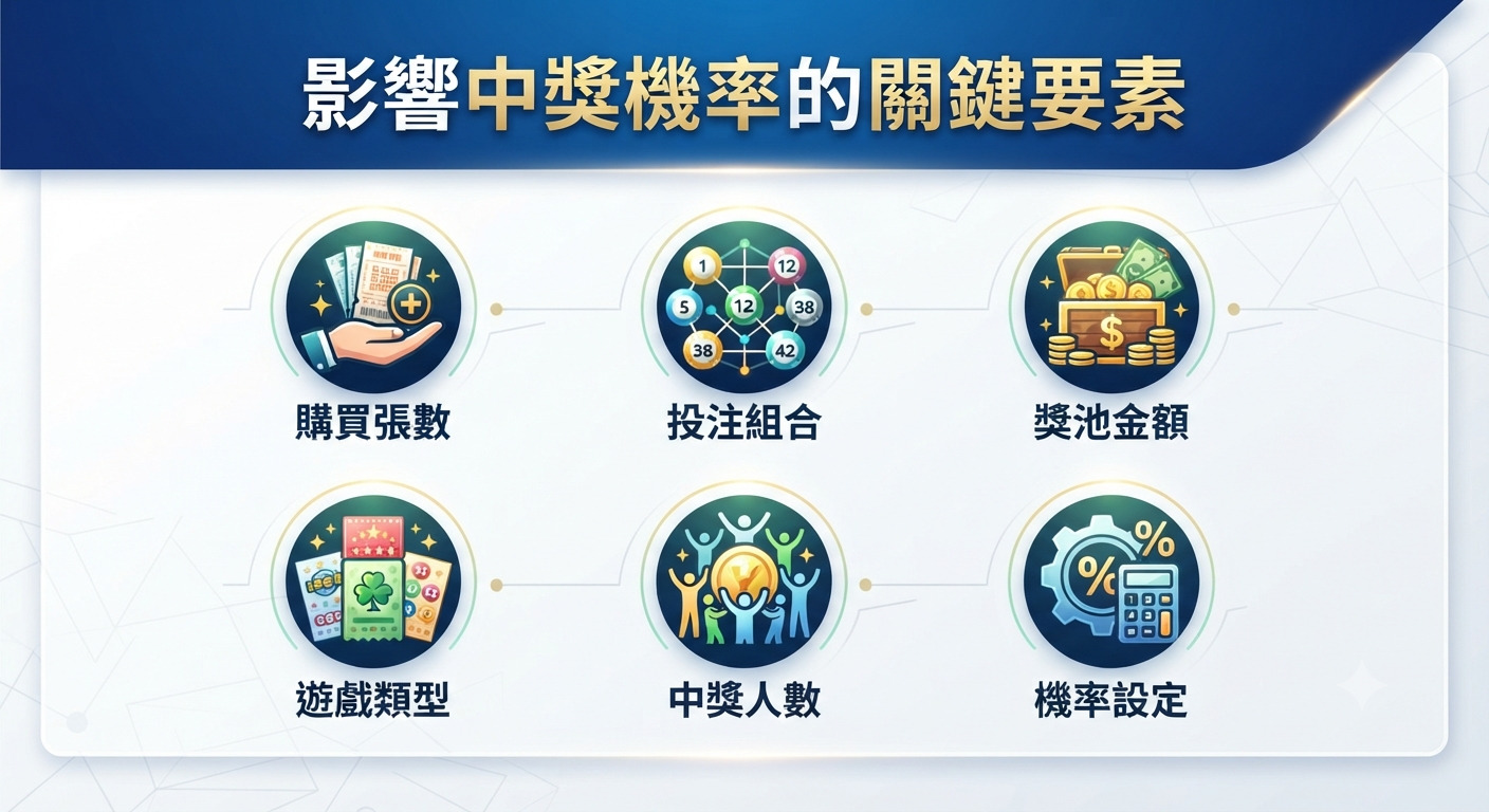 這張圖片展示了影響中獎機率的六個關鍵要素,並以簡潔的圖標進行分類呈現。 標題「影響中獎機率的關鍵要素」置於頂部,下方列出包含購買張數、投注組合及遊戲類型等分析項目。