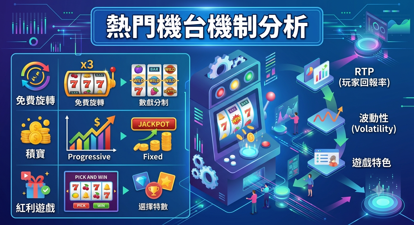 這張圖表分析了熱門機台的運作機制,重點展示了免費旋轉、累積獎金與紅利遊戲等核心功能。 同時呈現了 RTP、波動性及遊戲特色等數據分析視角,以專業的視覺風格呈現機台背後的邏輯結構。