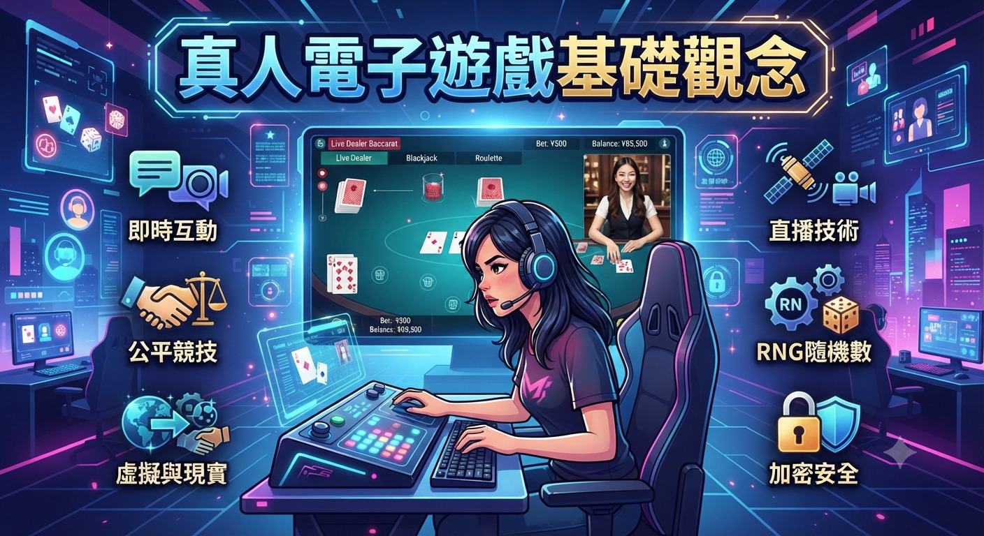 這張圖片以未來感科技風格呈現「真人電子遊戲基礎觀念」主題，畫面中央有一位正在進行遊戲操作的玩家，周圍環繞著象徵即時直播、公平競技與數據安全的數位圖示。 整體的設計概念結合了虛擬介面與現代遊戲環境，旨在清晰傳達真人線上遊戲的核心運作流程與技術特點。
