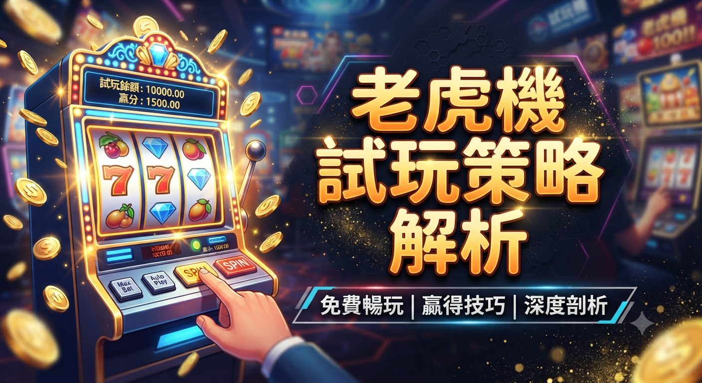 這是一張以「老虎機試玩策略解析」為主題的插圖，畫面左側顯示一隻手正按下老虎機的旋轉按鈕，周圍環繞著飛舞的金幣。 畫面右側以醒目的金色大字呈現標題，背景採用現代化娛樂城的設計風格，整體色調華麗且具吸引力。