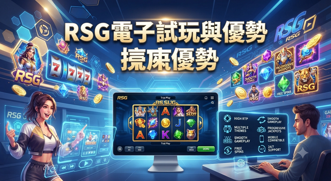 這張圖片以科技感十足的藍色調為背景,展示了 RSG 電子遊戲的試玩介面與優勢介紹。 畫面上方醒目呈現主題標題,並透過數位化的人物與介面設計,突顯其豐富的主題、高返還率及跨平台兼容性等特點。