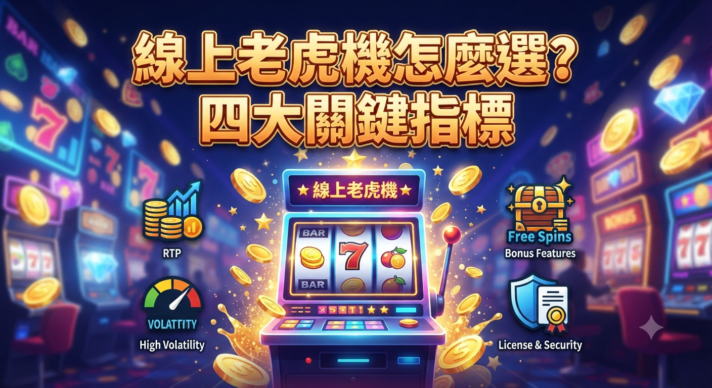 這張圖片展示了一台充滿活力的線上老虎機,背景為科技感十足的賭場。 圖片頂部以醒目的大字體標示了「線上老虎機怎麼選?四大關鍵指標」的主題。