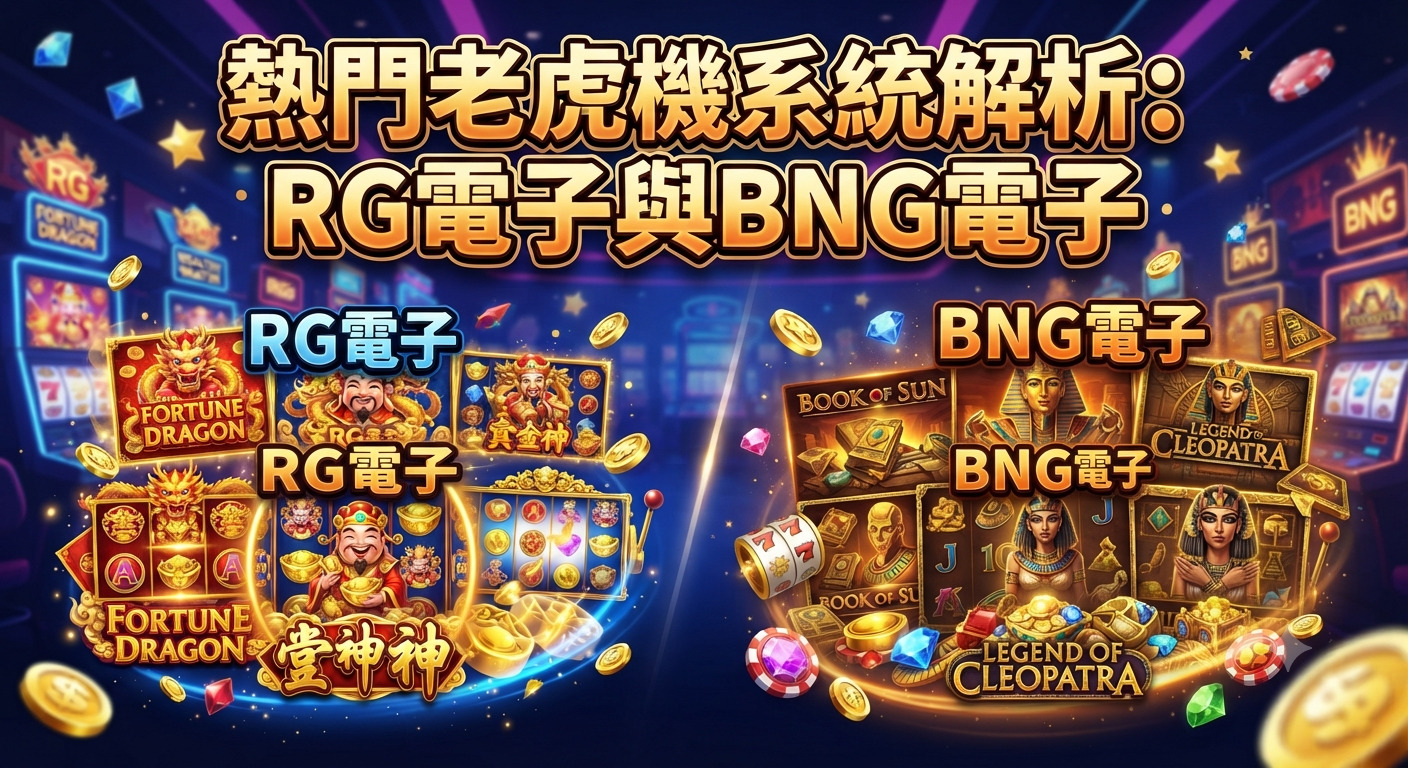 這張圖片以華麗的賭場為背景,展示了 RG 電子與 BNG 電子兩大熱門老虎機系統的遊戲特色。 畫面透過對比排版,將兩家品牌的代表性遊戲主題與標題設計得鮮明醒目,充滿視覺張力。