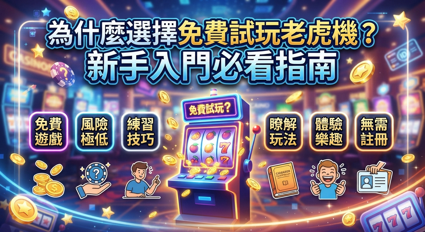 圖片展示了一台色彩繽紛的老虎機與新手指南的主題。 上方醒目地印有繁體中文標題:「為什麼選擇免費試玩老虎機?新手入門必看指南」。