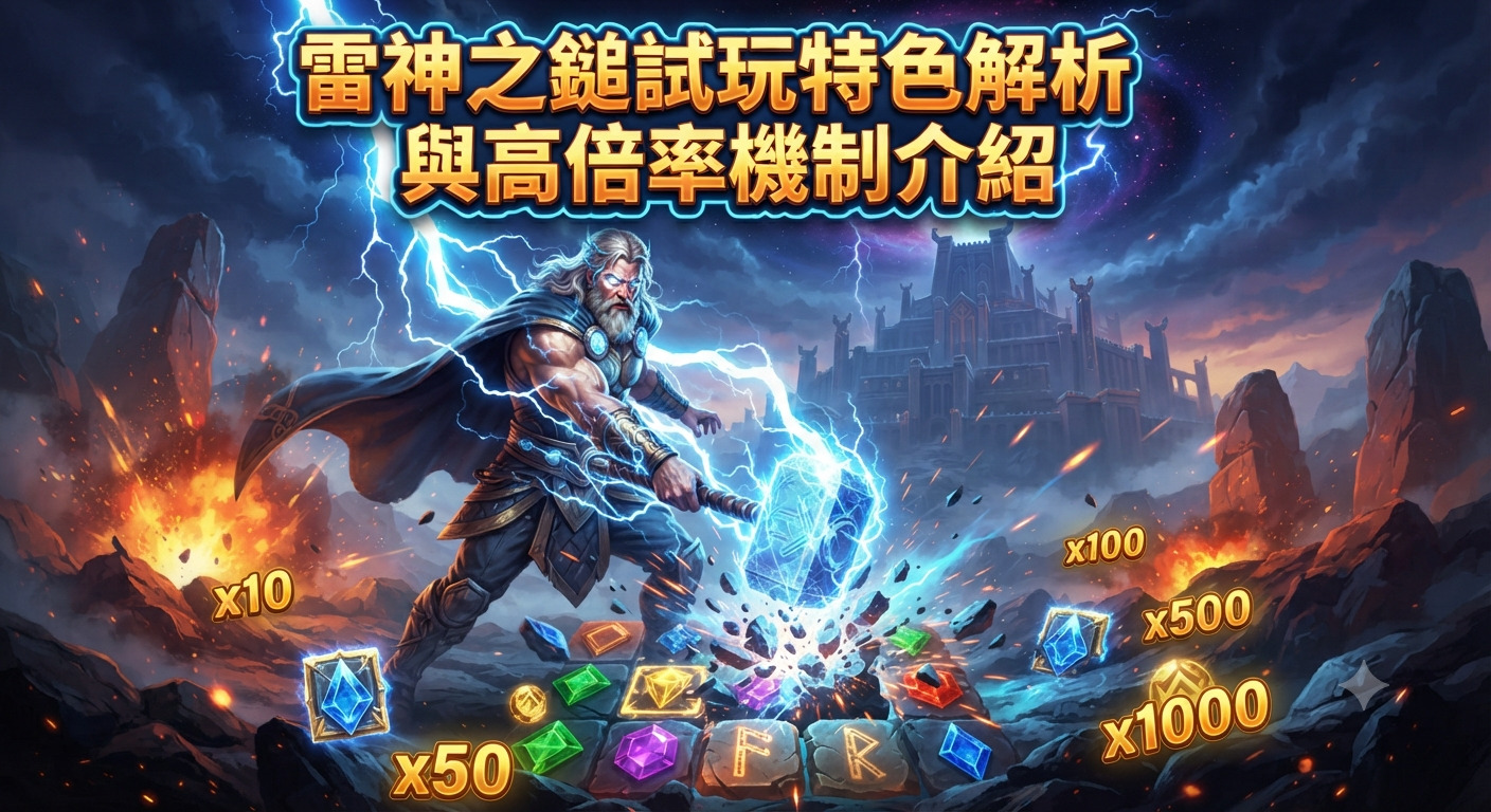 圖片展示了北歐神話中的雷神索爾揮舞著發光的雷神之鎚,周圍環繞著璀璨的寶石與高倍率標記。 畫面正上方醒目地顯示著「雷神之鎚試玩特色解析與高倍率機制介紹」的標題文字。