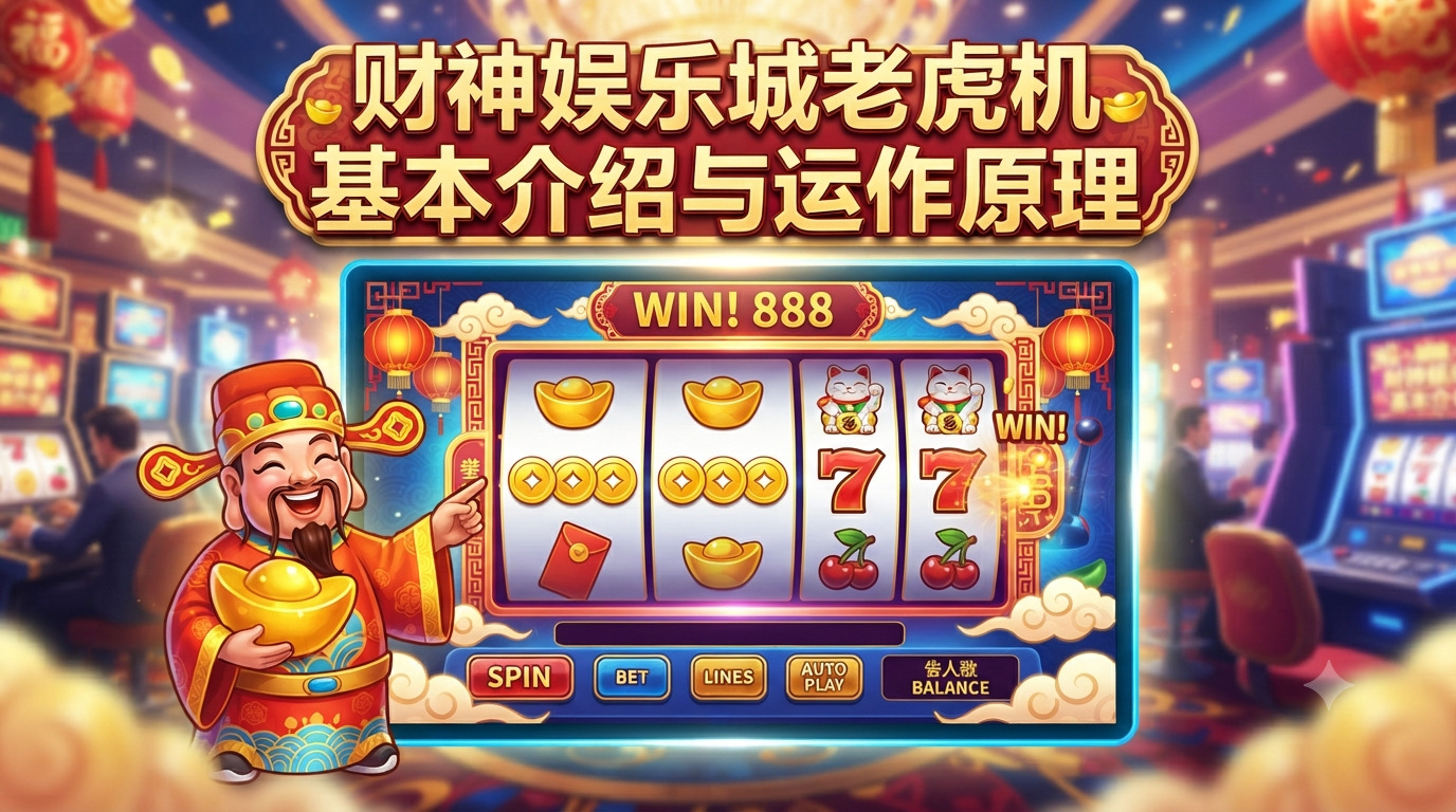 這是一張以「財神娛樂城老虎機基本介紹與運作原理」為主題的插圖。 畫面中結合了喜慶的財神爺形象與現代老虎機介面,營造出濃厚的娛樂城氛圍。
