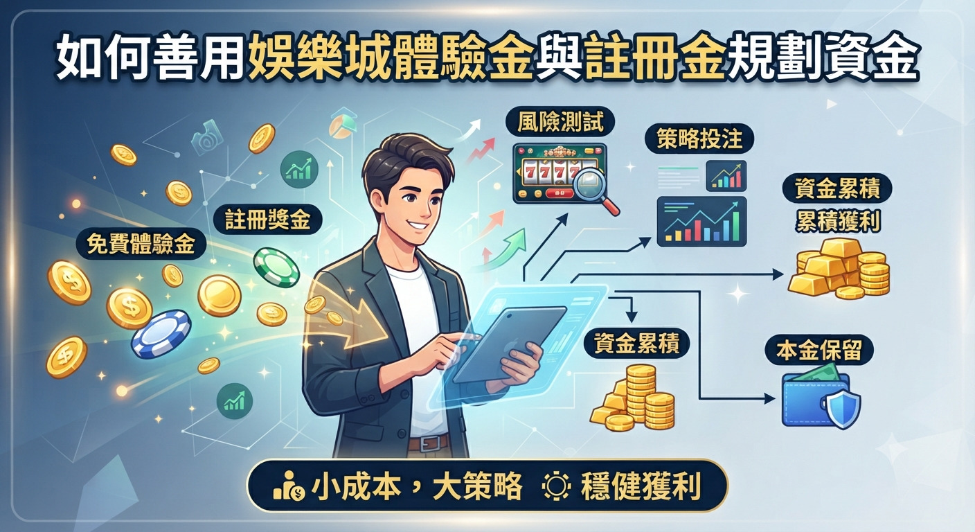 這張圖片的主題是如何善用娛樂城體驗金與註冊金規劃資金。畫面中展現了聰明理財、風險測試與策略投注的概念。