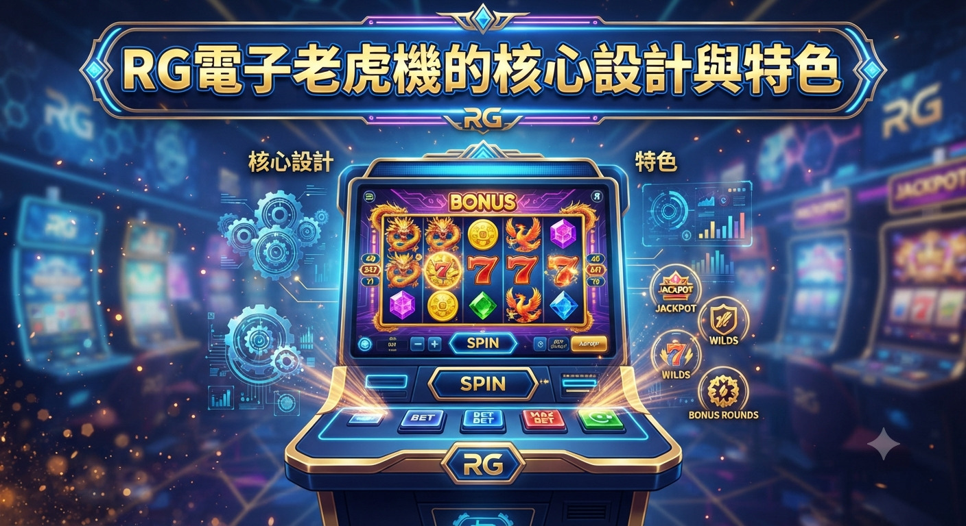 圖片展示了RG電子老虎機的現代化設計與遊戲界面。 上方醒目地標示著「RG電子老虎機的核心設計與特色」標題。