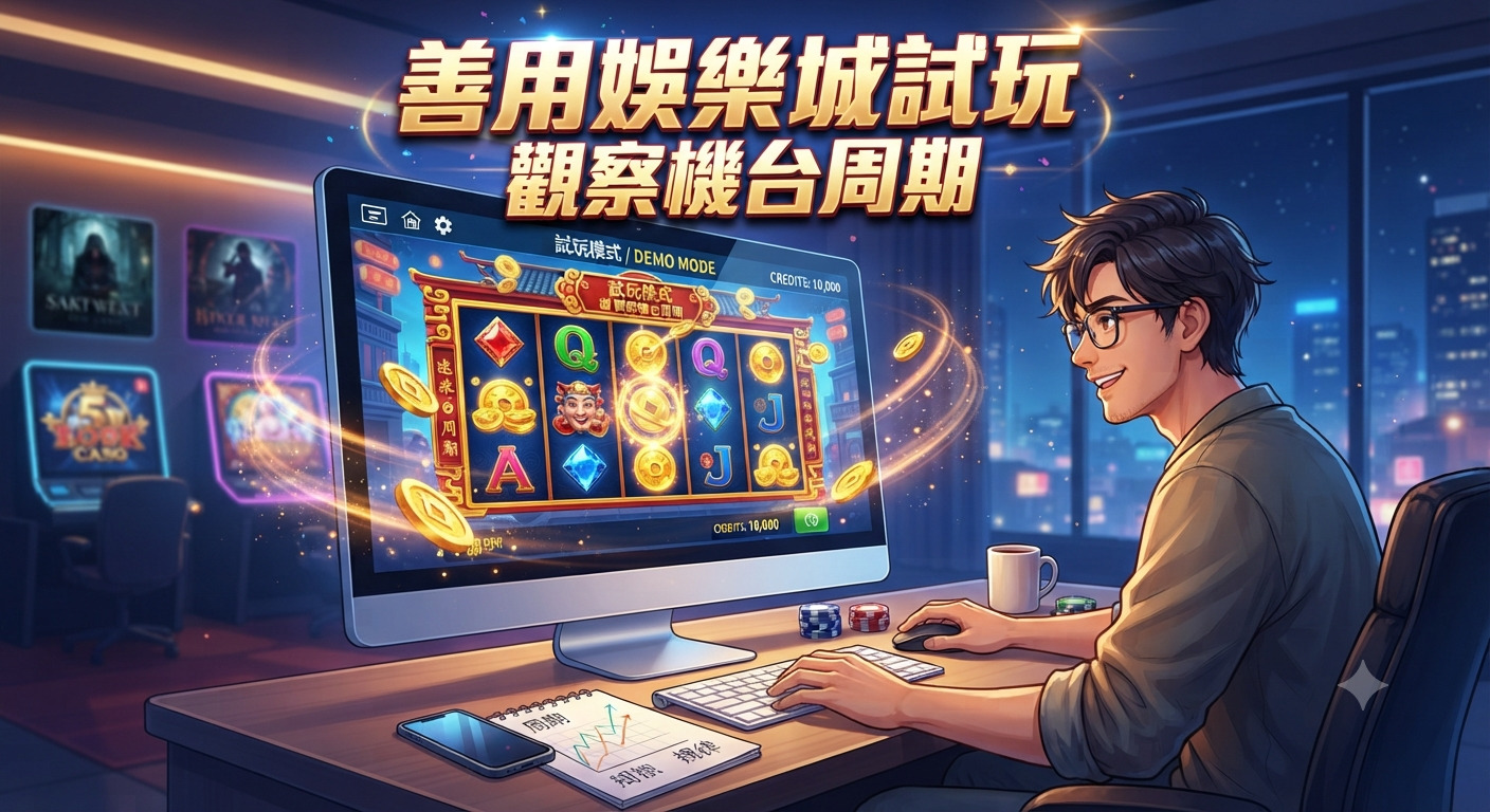畫面展示了一名年輕男子正專注地看著電腦螢幕上的老虎機試玩畫面,桌上放著記錄機台週期的筆記本。 圖片上方醒目地標示著主題文字:「善用娛樂城試玩觀察機台周期」。