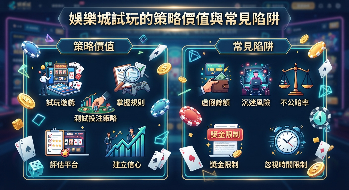 這張圖片展示了「娛樂城試玩的策略價值與常見陷阱」的主題,左右兩側分別列出試玩的正向價值與潛在風險。 整體設計採用科技感與博弈元素,透過圖表與圖標清晰對比策略與陷阱的關鍵要點。