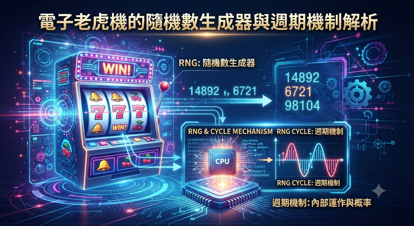 這張圖片以科技感十足的藍紫色調呈現,左側為電子老虎機,右側則透過CPU晶片與隨機數生成器(RNG)的圖表,解析其運作原理與週期機制。 畫面頂端清晰標示著主題:「電子老虎機的隨機數生成器與週期機制解析」,整體視覺融合了科技與博弈的專業設計感。