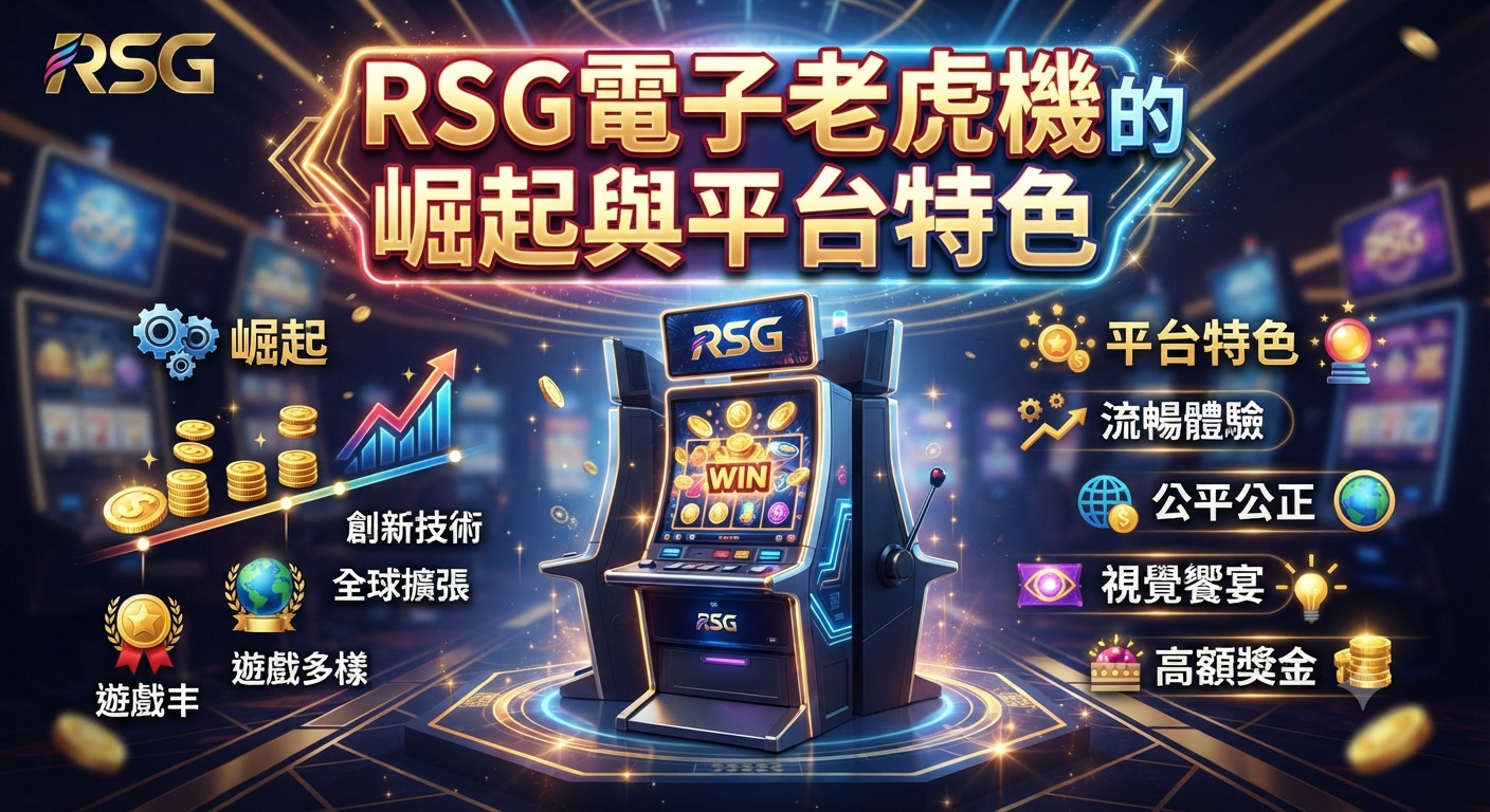 這張圖片展示了一台現代化的RSG電子老虎機,並配有「RSG電子老虎機的崛起與平台特色」的主題標題。 畫面背景融入了炫目的賭場科技元素與金幣,突顯出遊戲平台的創新技術與高額獎金特色。