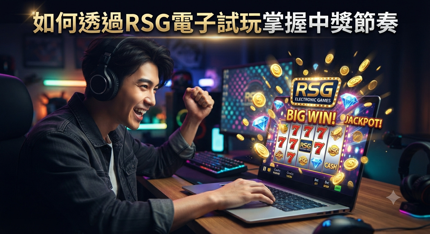 畫面展示了一位年輕男子正在使用筆記型電腦進行RSG電子遊戲試玩,螢幕上閃爍著大獎與金幣特效,氣氛十分熱烈。 圖片正上方清晰地印有主標題:「如何透過RSG電子試玩掌握中獎節奏」。