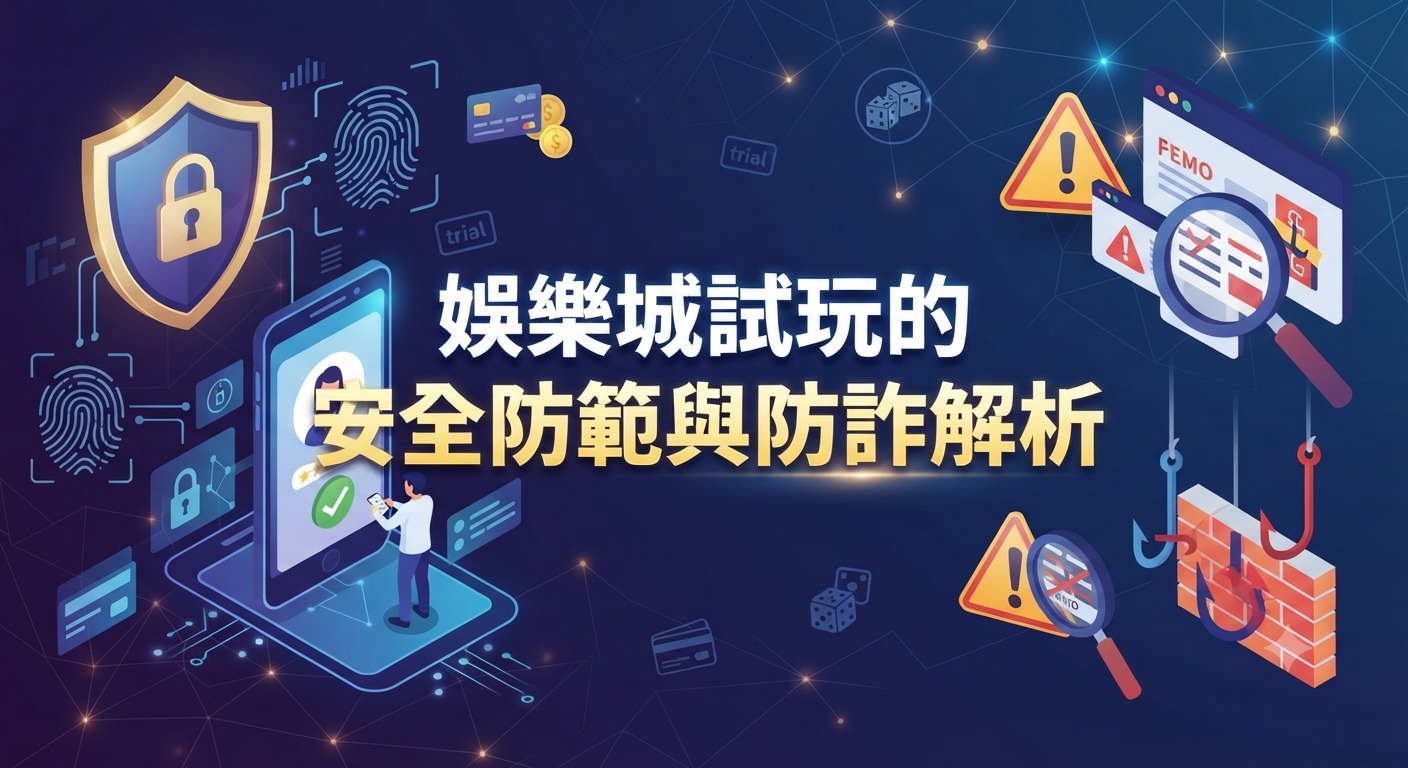 這是一張關於「娛樂城試玩的安全防範與防詐解析」的主題圖片。 畫面結合了資安防護盾牌與科技感元素,突顯網路安全與防範詐騙的重要性。