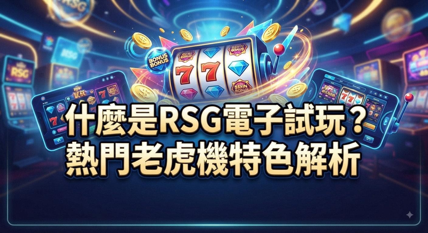 這是一張以「RSG電子試玩」為主題的宣傳圖片,背景融合了炫目的老虎機與數位科技元素。 畫面中央清晰顯示著「什麼是RSG電子試玩?熱門老虎機特色解析」的主標題文字。