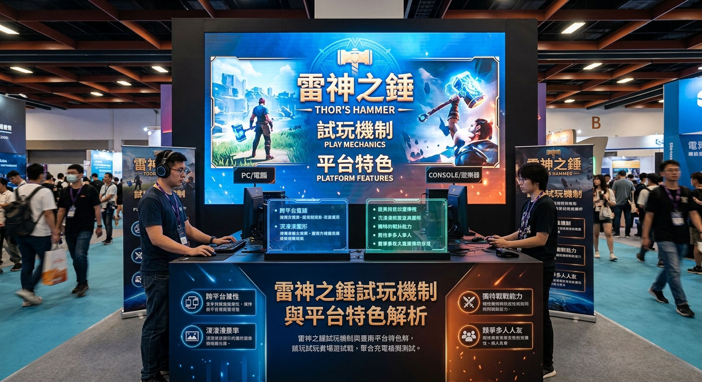 一張展示「雷神之錘試玩機制與平台特色解析」主題的電玩展會現場圖片,畫面中央帶有顯眼的中文標題。 兩位玩家分別在電腦與主機體驗區專注試玩,背景融合了酷炫的冰雷特效與科技感展示牌。