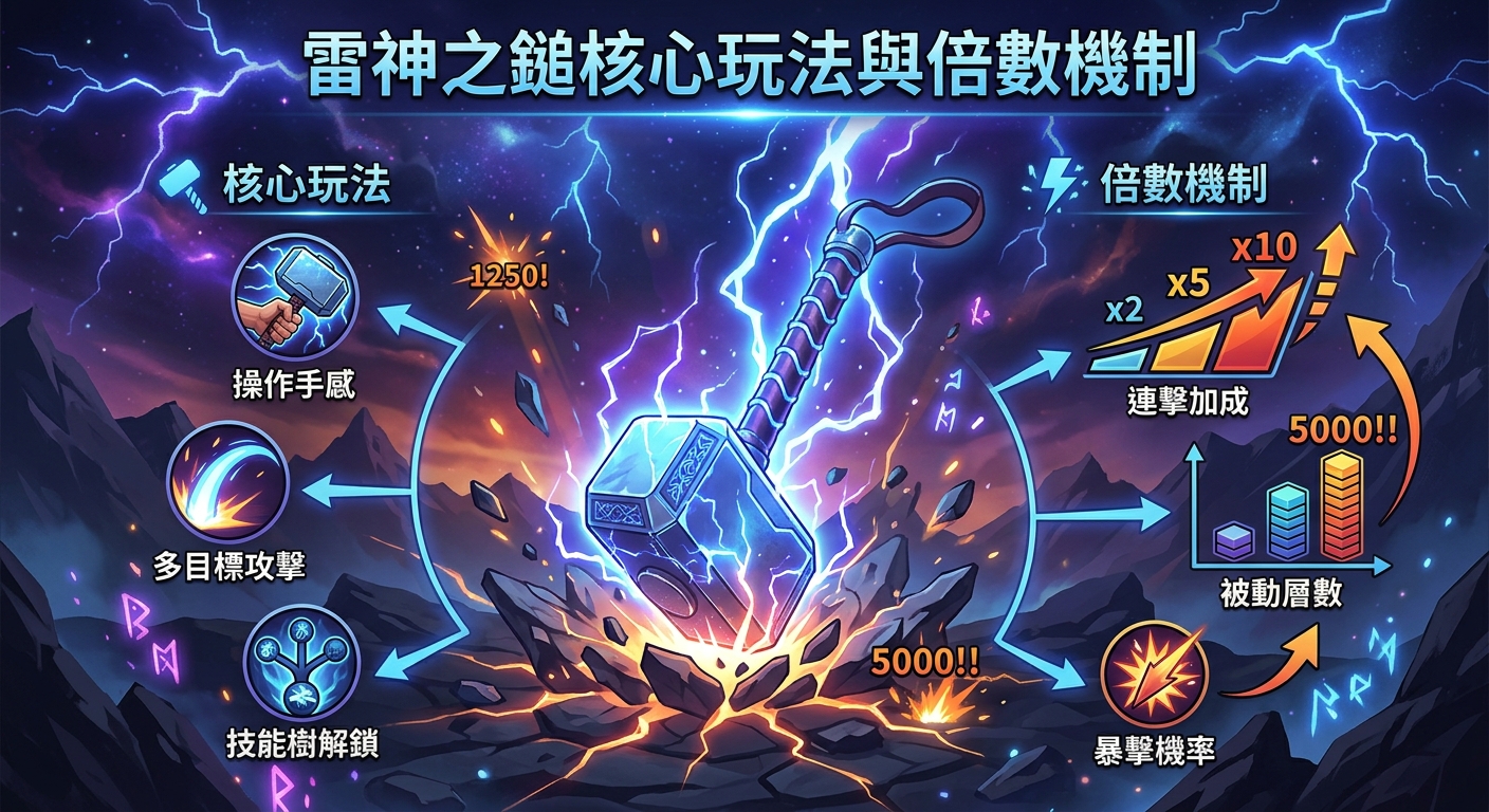 這張圖以充滿電光的「雷神之鎚」為視覺核心,展現其強大的打擊力與裂地特效。 兩側搭配清晰圖示與數據圖表,生動呈現遊戲的核心玩法特色與倍數加成機制。