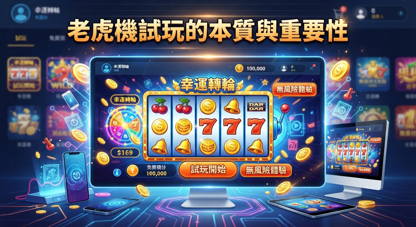 這張圖片展示了一台數位螢幕上的老虎機試玩介面,周圍環繞著金幣與科技感元素。 畫面正上方醒目地標示著「老虎機試玩的本質與重要性」這一核心標題。