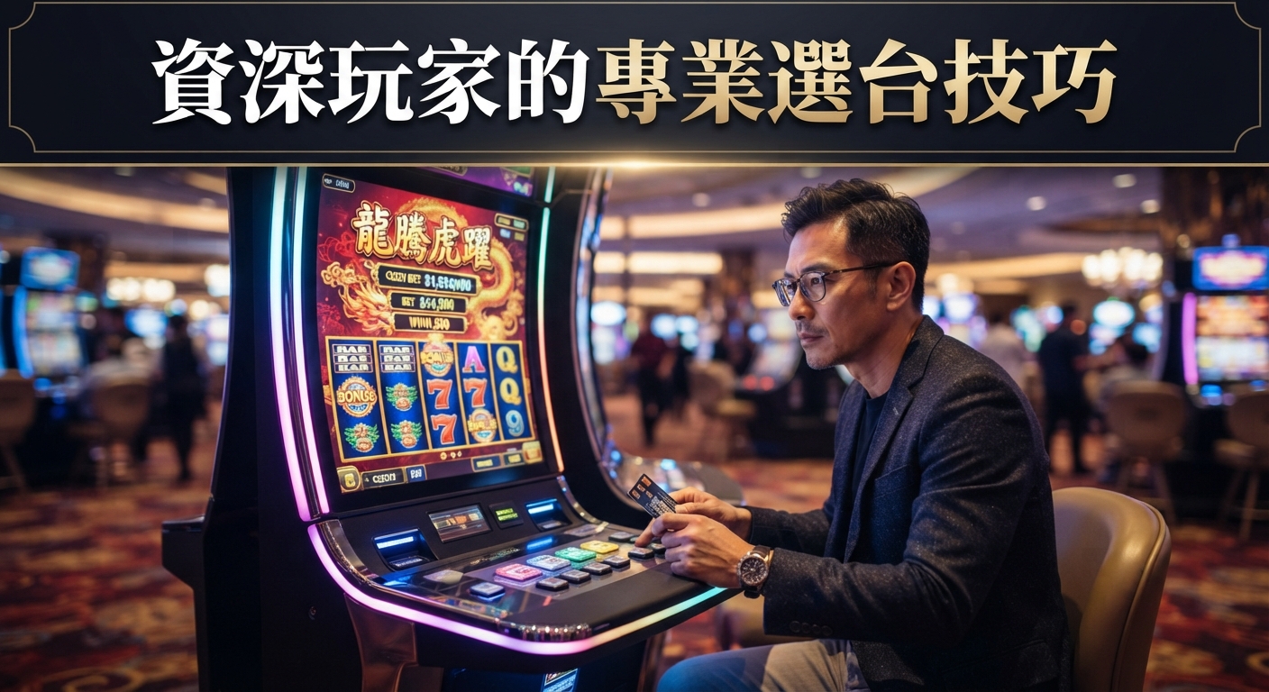 圖片展現了一位資深玩家在賭場中專注地進行選台與評估的專業姿態。 畫面上方醒目地標示著「資深玩家的專業選台技巧」的主題文字。