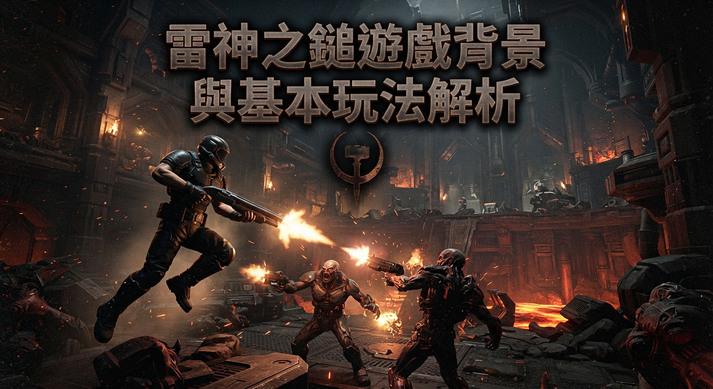 圖片展示了一場發生在黑暗工業基地的激烈科幻槍戰,主角正躍起與多名怪物交火。 畫面正上方清晰地印有繁體中文標題:「雷神之鎚遊戲背景與基本玩法解析」。