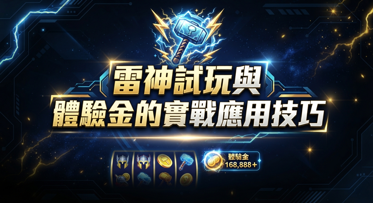 這是一張以「雷神試玩與體驗金的實戰應用技巧」為主題的科技感宣傳圖片。 畫面中心展示了雷神之錘與金幣元素,並搭配醒目的繁體中文標題。
