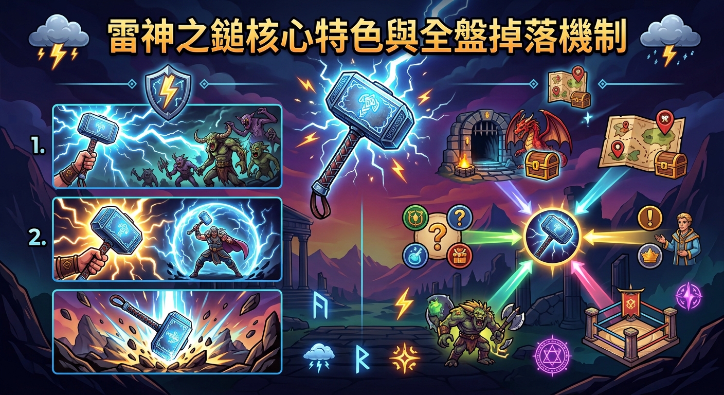 這張圖片以同名的知名主題為靈感，呈現出充滿史詩感與精美插圖的遊戲資訊圖表。 畫面的核心焦點為發光的雷神之鎚，周圍環繞著豐富的視覺元素，詳細展示其特色與掉落機制。