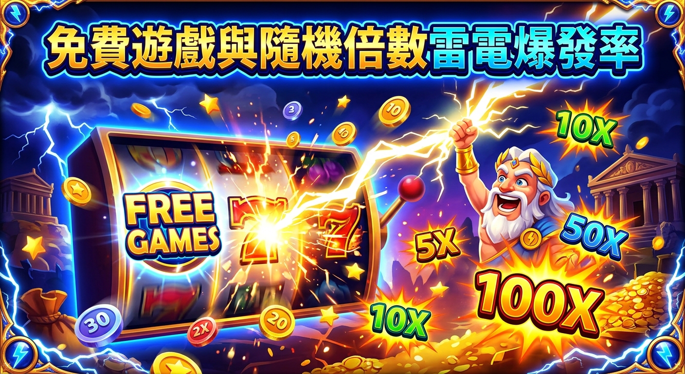 這張圖片展現出充滿活力的數位老虎機風格，主視覺為古希臘神話尊者引導強烈雷電擊中遊戲機台。 畫面上方標有醒目的「免費遊戲與隨機倍數雷電爆發率」標題，並搭配滿屏金幣與「100X」等絢麗的隨機倍數爆發特效。