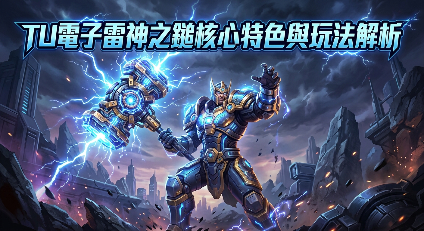 這張圖片呈現一位身穿科技裝甲的雷神，手持閃耀著藍色雷電的光能巨錘，立於充滿科幻風格的廢墟背景中。 畫面頂部標有亮藍色金屬質感的標題：「TU電子雷神之鎚核心特色與玩法解析」。