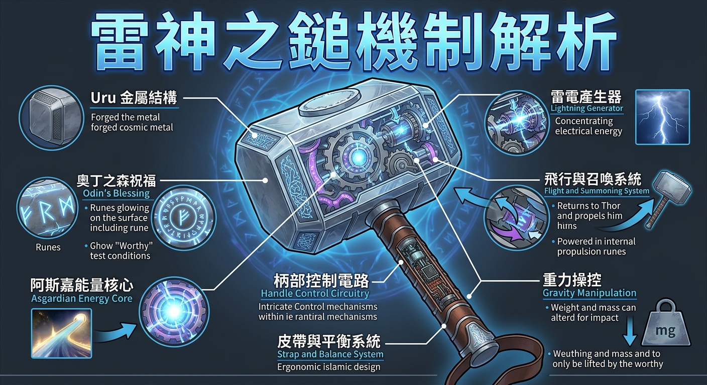 這張圖解以藍色光芒與科技感風格展示了「雷神之鎚」(Mjölnir)的內部機械與符文構造。 圖中詳細標註了其金屬結構、阿斯嘉能量核心、奧丁祝福及重力操控等各項核心機制的分析說明。