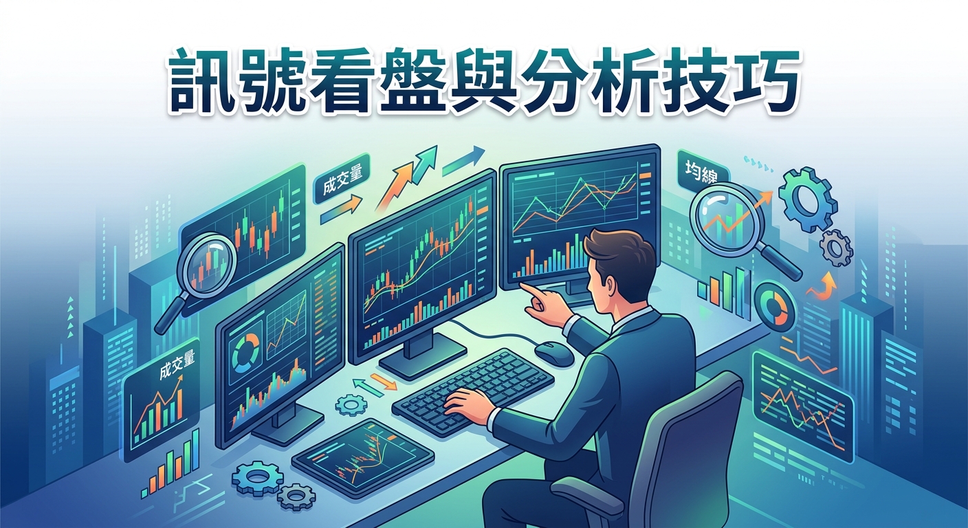 這張圖片展示了一位分析師在多螢幕工作站前,專注於研究股票與金融市場的波段走勢圖。 畫面頂部標有醒目的標題「訊號看盤與分析技巧」,整體呈現出專業且充滿科技感的量化分析氛圍。