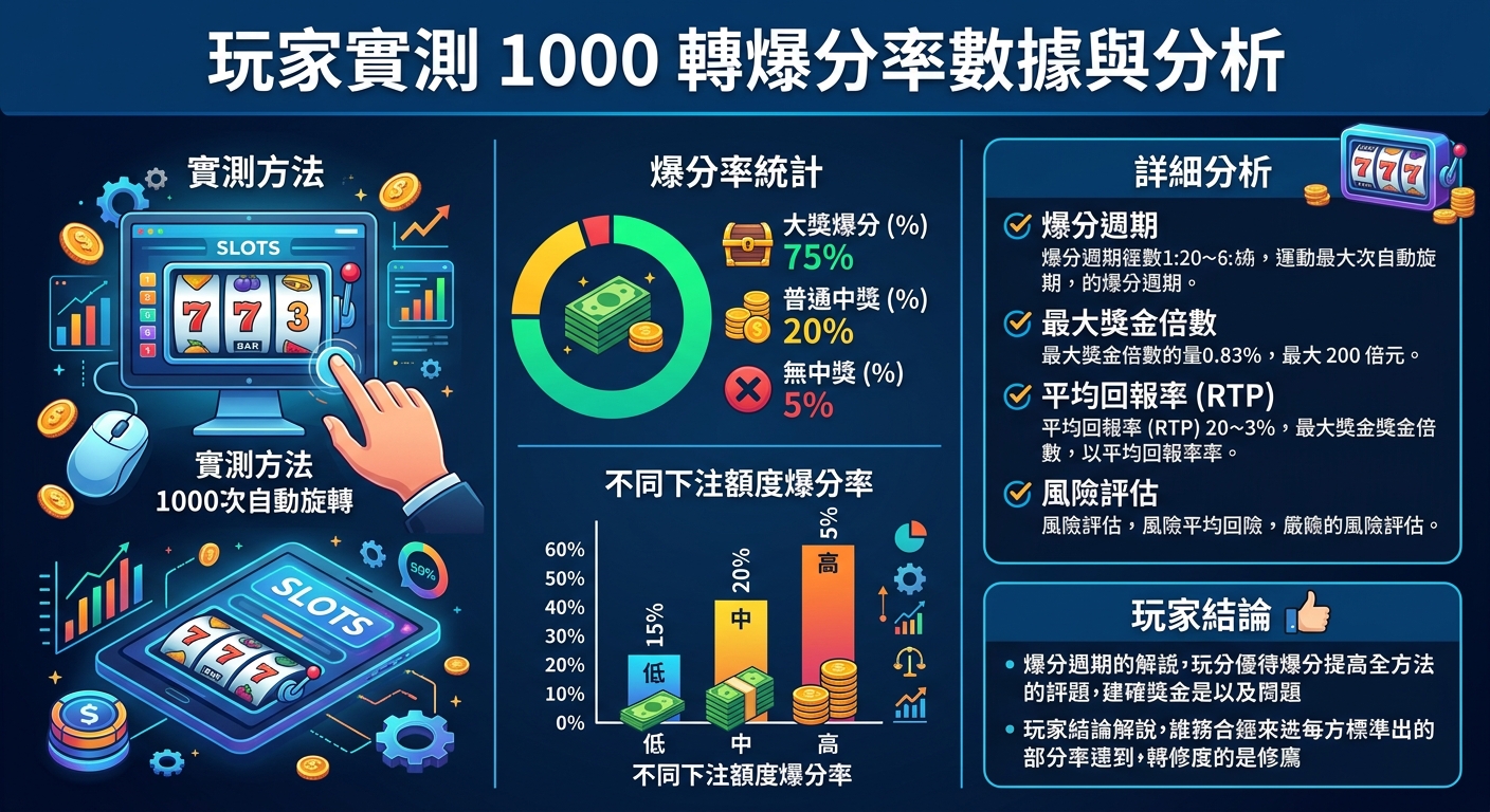 這幅圖表以深藍色科技感為背景，詳細展示了玩家實測 1000 轉 slot 機台的爆分率數據與分析。 內容包含實測方法、爆分率圓餅圖、下注額度長條圖，以及 RTP 回報率與玩家結論等多項指標。