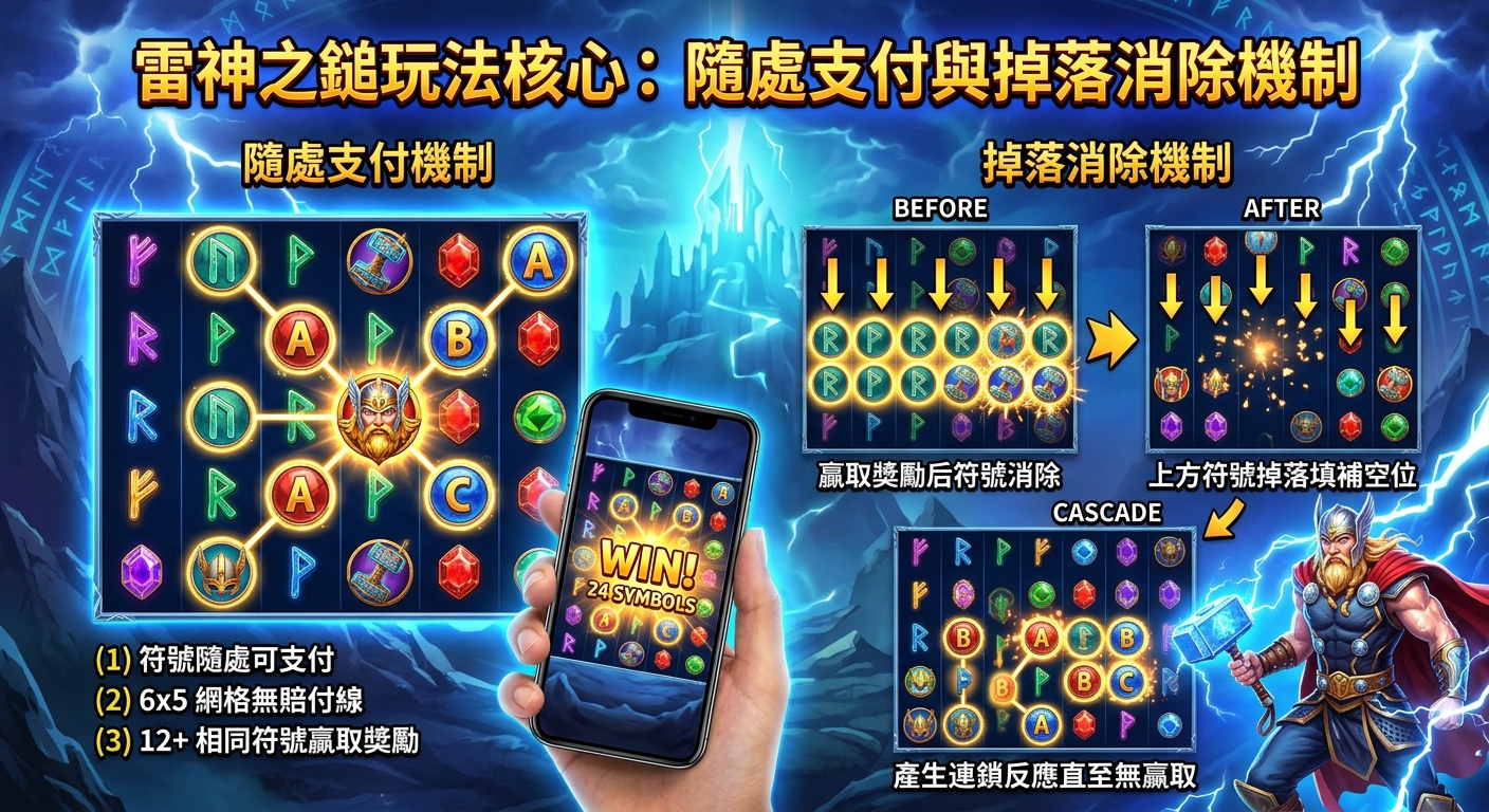 這幅圖片呈現了《雷神之鎚》遊戲的核心玩法，展示了不限制賠付線的「隨處支付」與消除後新符號補位的「掉落消除」機制。 畫面結合了充滿閃電特效的北歐神話風格背景，並透過簡潔的圖解清晰說明連鎖獲獎的遊戲過程。