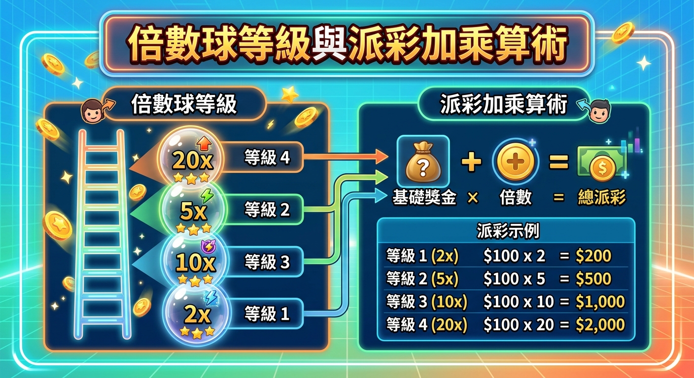 這張圖片呈現了一個遊戲化風格的資訊圖表,主題為「倍數球等級與派彩加乘算術」。 畫面左側展示了帶有數字與等級的亮藍色倍數球,右側則搭配清晰的算式與數據表格來解析派彩計算方式。