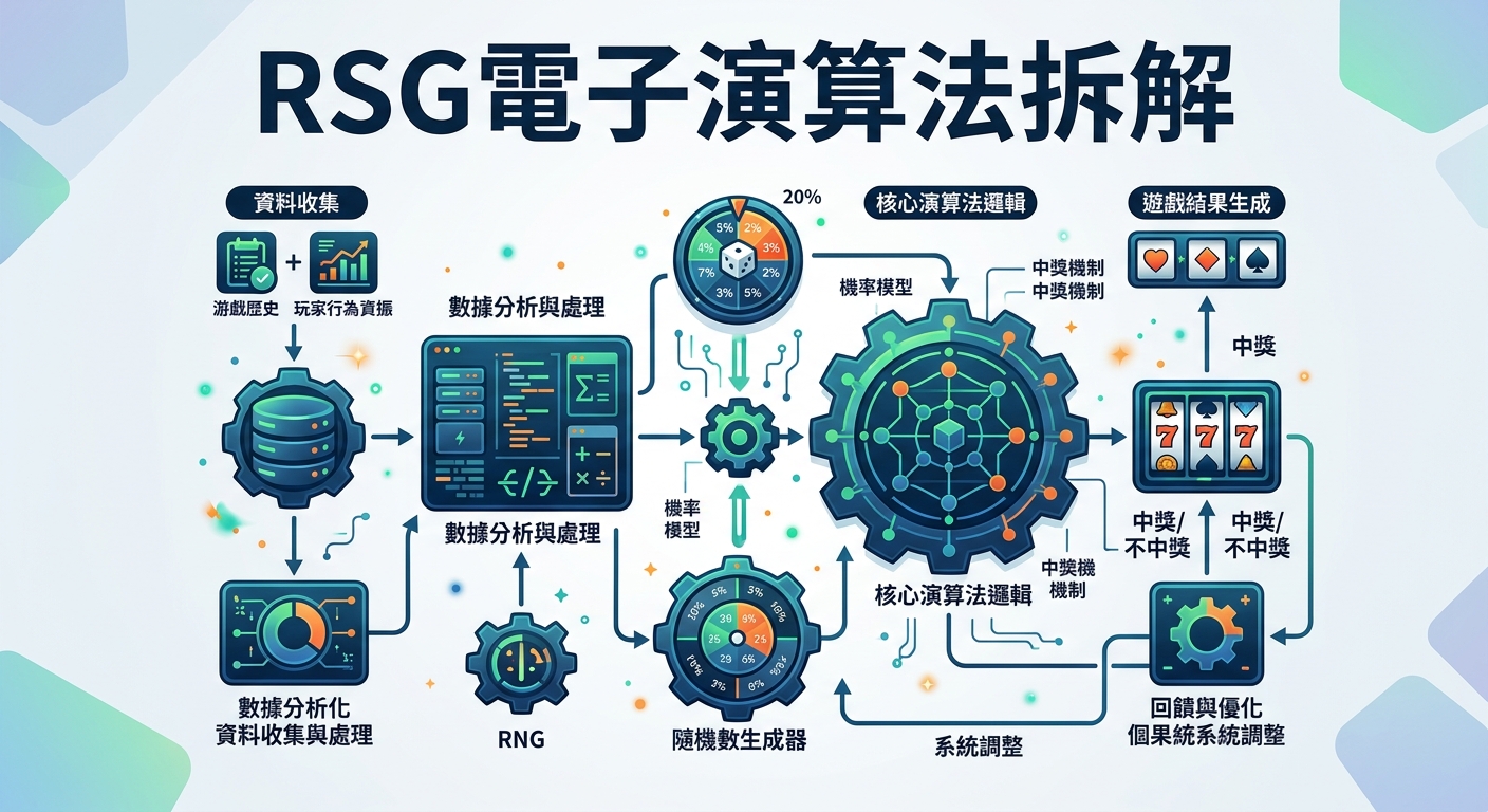 這是一幅以科技感數據流與齒輪圖標構成的流程圖,展示數據收集、隨機數生成器(RNG)與核心算法邏輯的運作架構。 畫面上方標有清晰的繁體中文標題「RSG電子演算法拆解」,透過視覺化元件呈現遊戲結果生成與系統調整的完整機制。