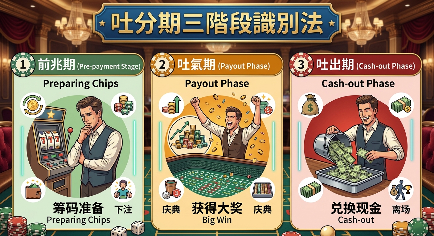 這幅插圖以賭場為背景,用三個階段圖解老虎機與博弈的「吐分」過程,頂部帶有金藍色的中文標題。 畫面從左至右依次呈現玩家下注準備、幸運贏得大獎的慶祝瞬間,以及最後將籌碼兌換成現金的完整流程。