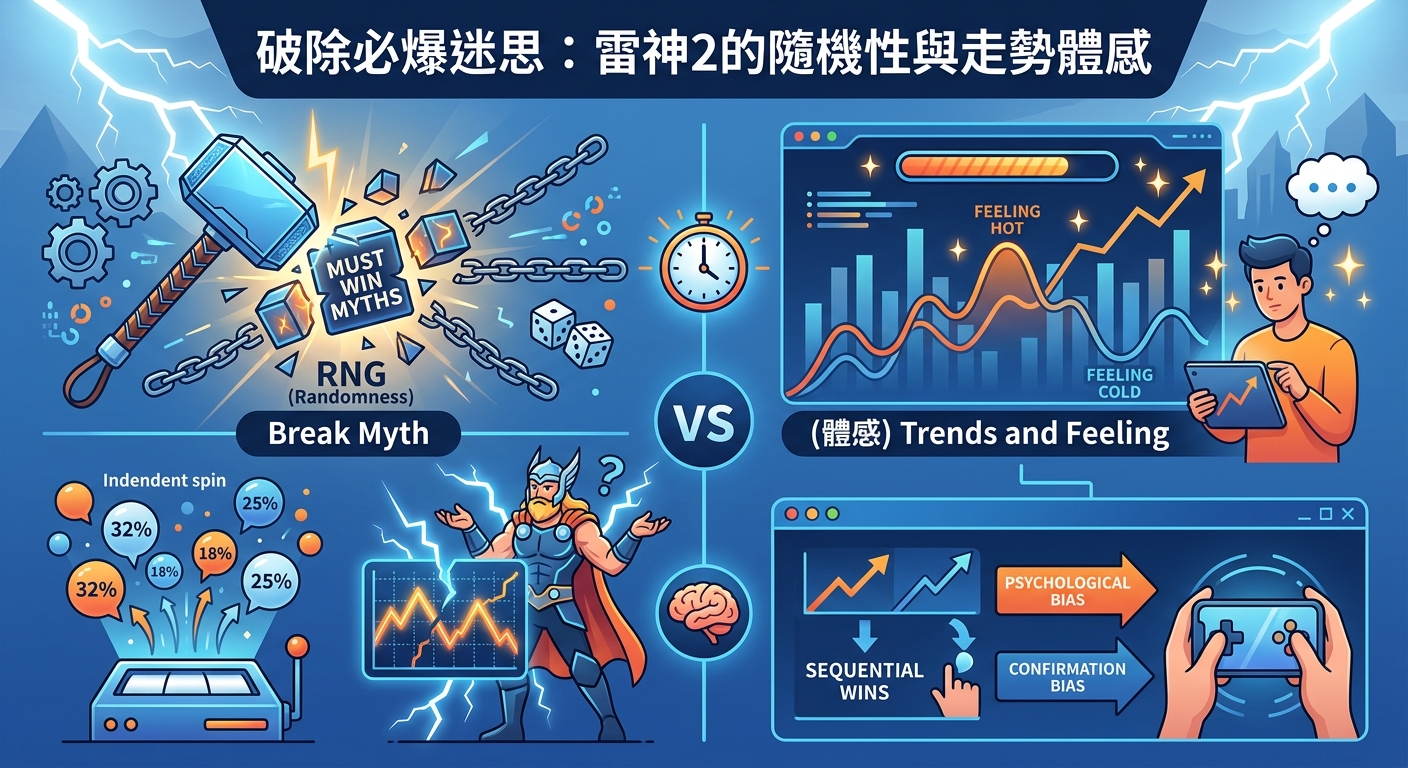 這張圖採用對比插畫設計，左側以破碎的雷神之鎚與隨機數據象徵破除「必爆」迷思與 RNG 獨立事件，右側則以波動圖表與心理偏誤箭頭呈現玩家對走勢的真實體感。 整體視覺以科技藍與閃電元素貫穿，頂部清晰標示主題標題「破除必爆迷思：雷神2的隨機性與走勢體感」，完美結合理性數據分析與感性遊戲心理。