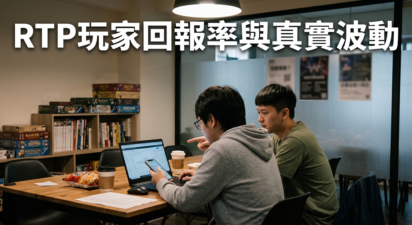 這張圖片呈現兩位男子在辦公室內專注地研究電腦螢幕上的數據圖表,背景為設有桌遊層架與玻璃隔間的現代空間。 畫面上方顯示清晰的大字標題「RTP玩家回報率與真實波動」,呈現出分析遊戲機制與機率波動的討論情境。