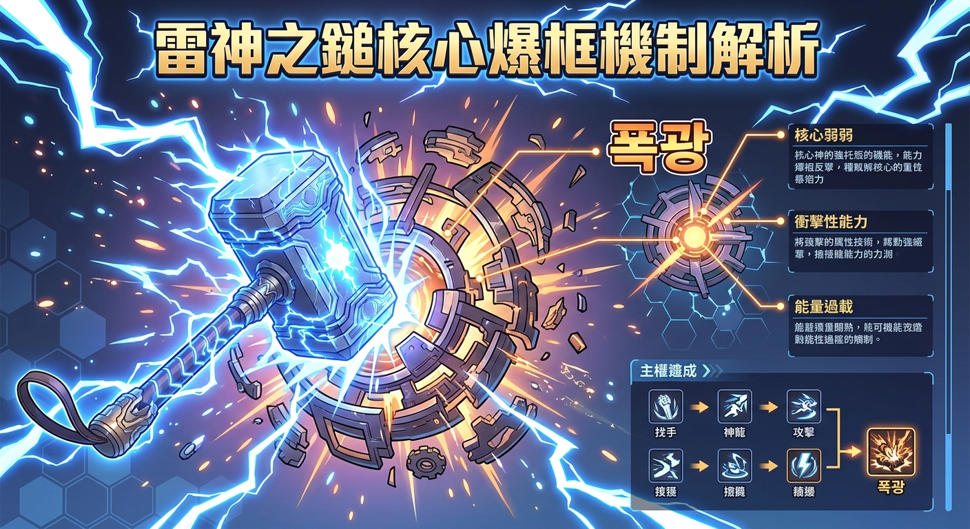 這張圖片展示了一把充滿藍色雷電能量的雷神之鎚,強大的衝擊力直接擊碎了金屬環形機關與UI邊框。 右側配有豐富的遊戲機制解析介面,包含核心弱點、能量過載說明以及技能連招的流程圖表。