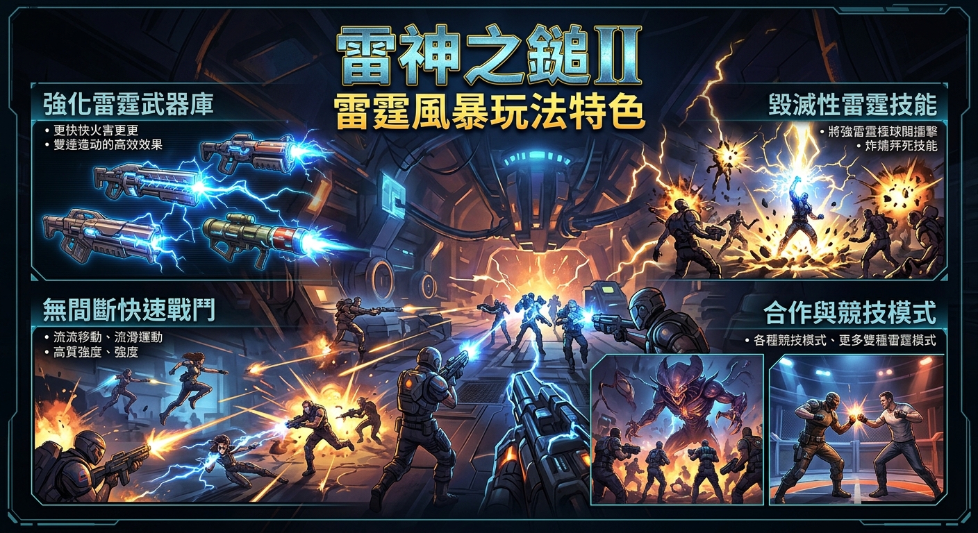 這張圖片展示了《雷神之鎚II 雷霆風暴》的遊戲特色，包含了強化武器庫、毀滅性技能、快速戰鬥與多樣模式。 畫面採用科技感十足的暗色調，搭配炫目的藍色與金色雷電特效，營造出緊張刺激的科幻戰鬥氛圍。