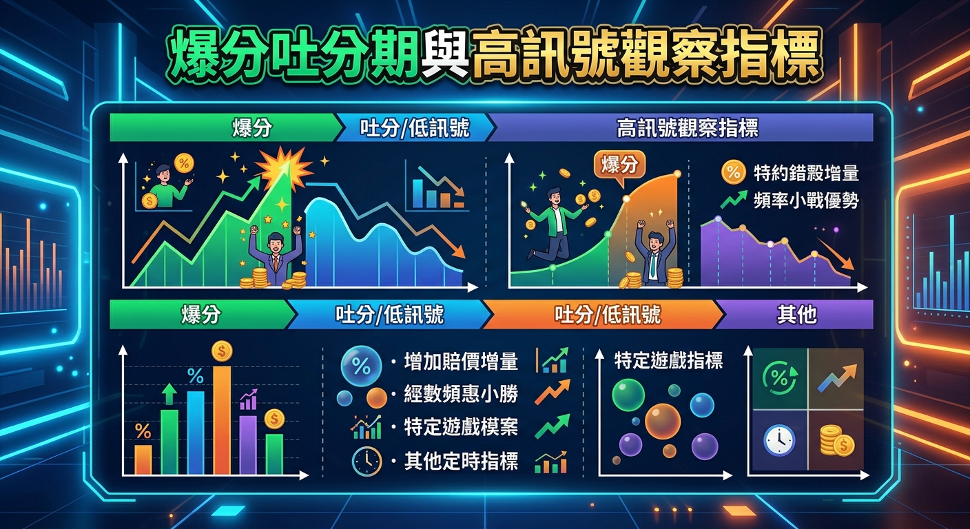 這幅圖片採用充滿科技感與數據分析風格的暗色調介面設計，上方以醒目的螢光綠與黃色字體標示標題「爆分吐分期與高訊號觀察指標」。 畫面中結合了各式動態折線圖、柱狀圖與符號圖標，直觀呈現出遊戲機率週期波動與高訊號觀察的各項指標與趨勢分析。