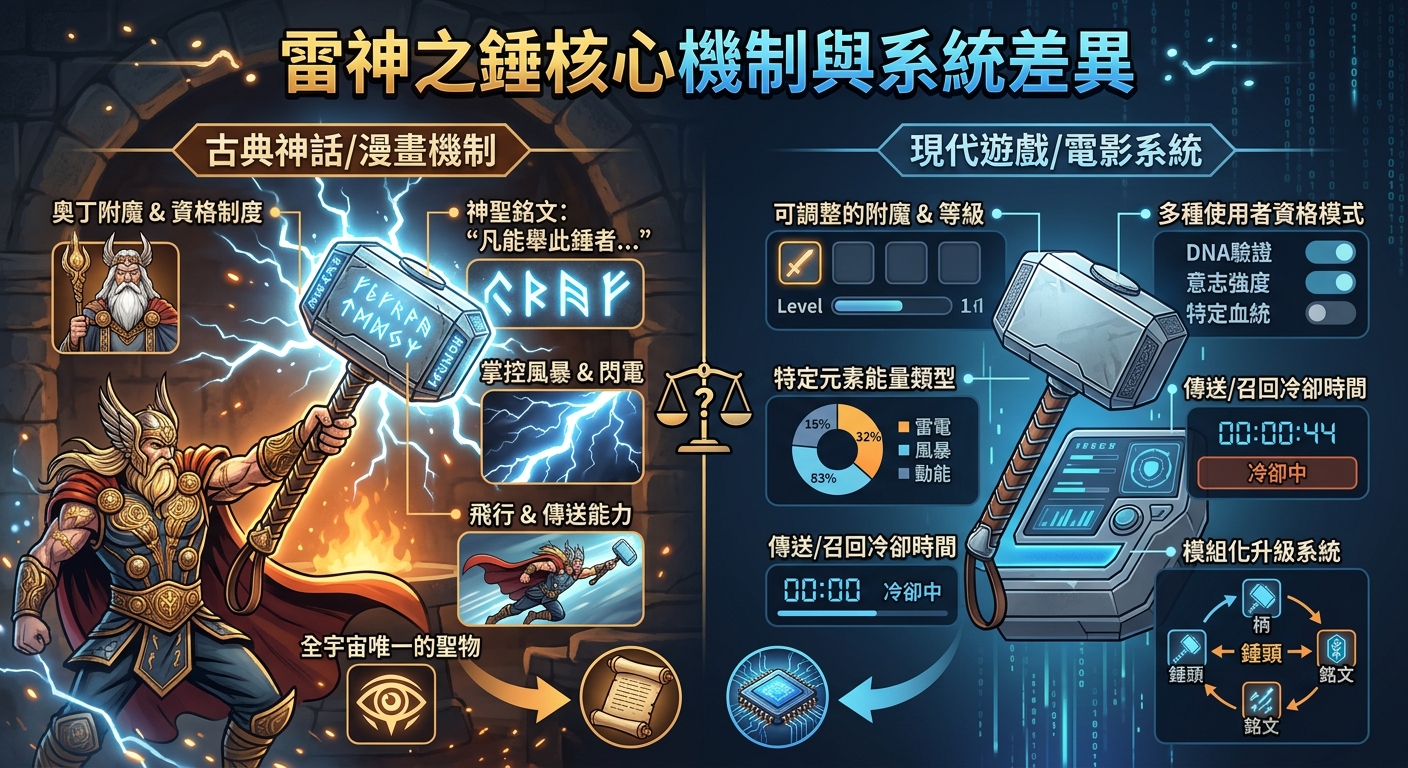 這幅圖案以對比圖解呈現，左側展現了古老神話與漫畫風格的雷神之錘，伴隨著閃電、銘文與北歐神祗元素。 右側則將其轉換為現代遊戲與科技系統風格，展示了包含 UI 數據介面、冷卻時間與模組化升級的運作機制。