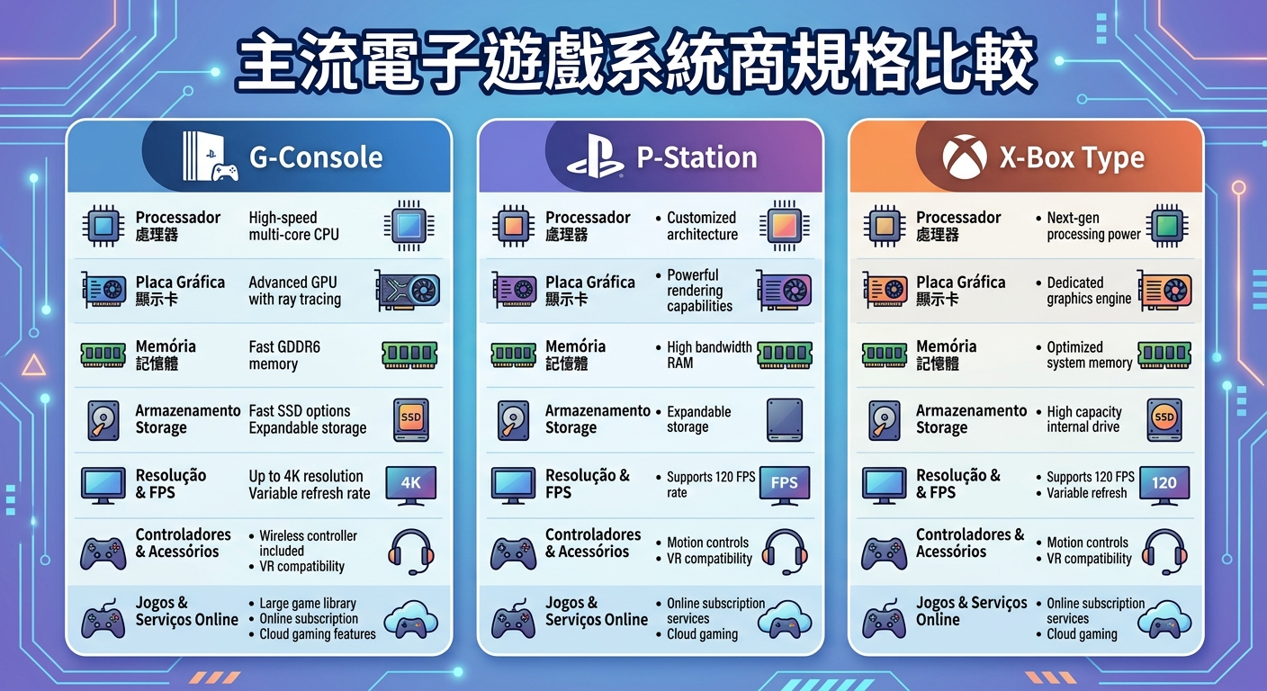 這張資訊圖表詳細比較了三大主流電子遊戲系統的硬體規格和功能特點。 內容涵蓋處理器、顯示卡、記憶體、儲存空間、解析度、控制器和線上服務等多個維度。